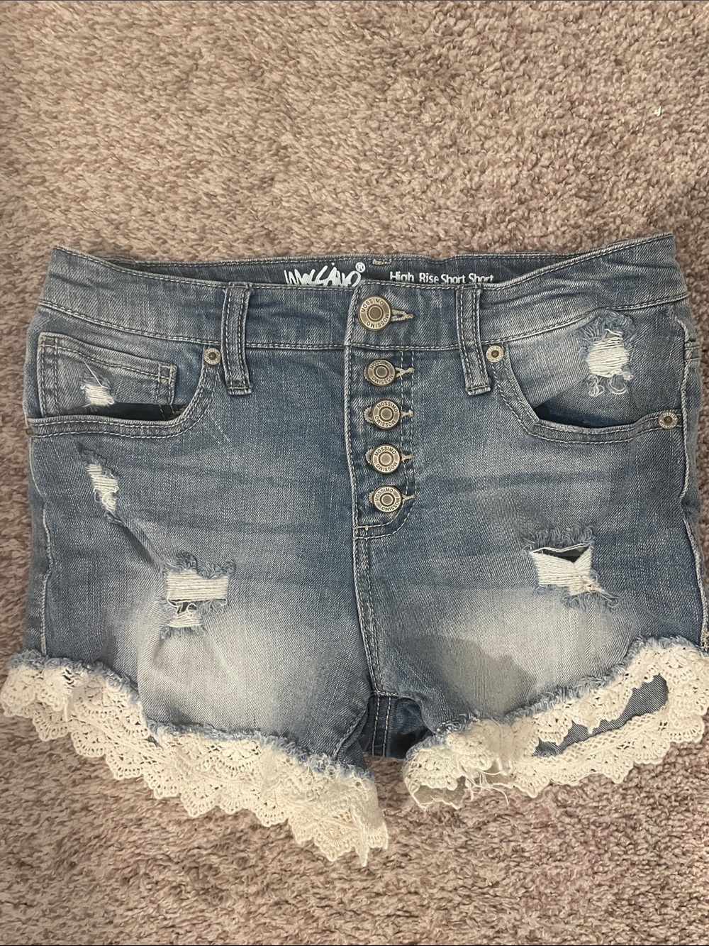 Mossimo High-Rise Distressed Denim Shorts with Lace Trim - Blue size 6 28
